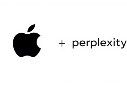 Apple logo alongside Perplexity AI logo symbolizing potential acquisition
